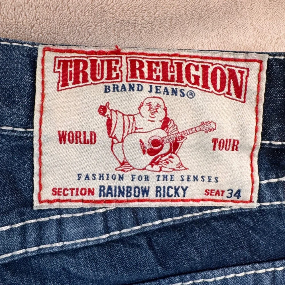True Religion Rainbow Ricky Straight Dark Super Thick Stitch Denim Jeans 31x31